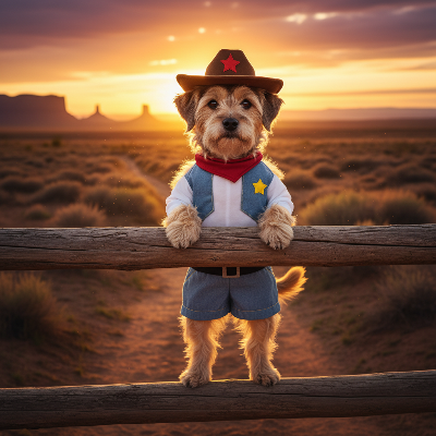 Costume chien - cowboy-Chien cowboy coucher de soleil