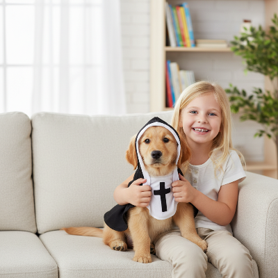 Costume d'halloween pour chien - religieuse-Chien costume religieuse avec enfant