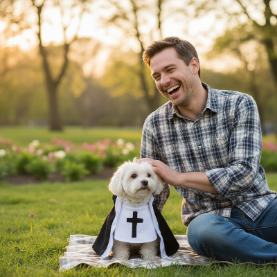 Costume d'halloween pour chien - religieuse-Chien costume religieuse avec homme