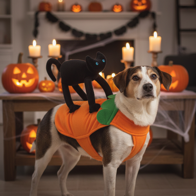 Costume pour Chien - Citrouille avec Chat Noir-Chien costume citrouille intérieur