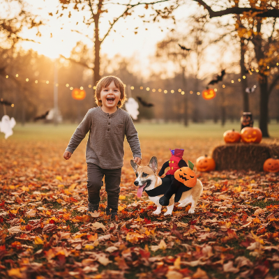 Costume pour chien - Cavalier Tête de Citrouille-Enfant avec Corgi costume cavalier citrouille