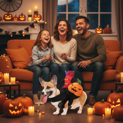 Costume pour chien - Cavalier Tête de Citrouille-Famille avec Corgi costume cavalier -citrouille