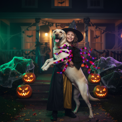 Costume pour chien - araignée pattes aux leds-Chien araignée LED avec enfant