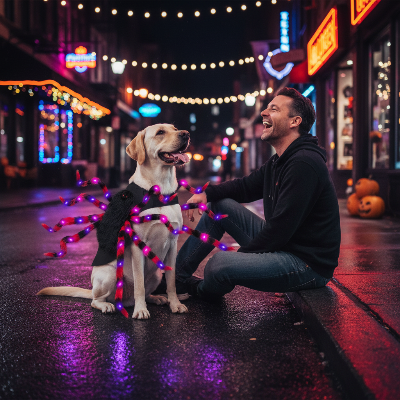 Costume pour chien - araignée pattes aux leds-Chien araignée LED avec homme