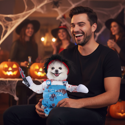 Costume pour chien chucky - Halloween effrayant fun-Chucky poméranien avec homme