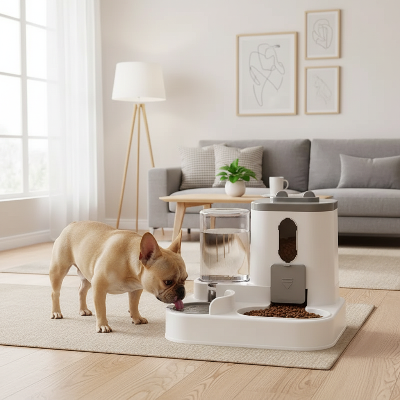 Distributeur de croquettes - automatique-Bouledogue français boit à la fontaine