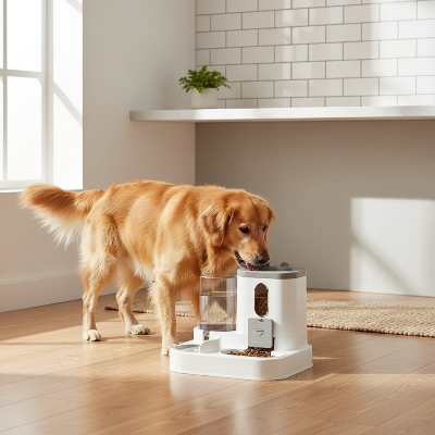 Distributeur de croquettes - automatique-Golden retriever dans cuisine moderne