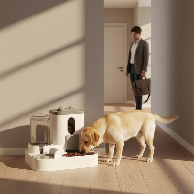 Distributeur de croquettes - automatique-Labrador mange, propriétaire part au travail