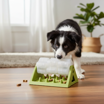 Distributeur de croquettes pour chien - interactif-Border collie vert sur plancher bois