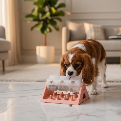 Distributeur de croquettes pour chien - interactif-Cavalier King Charles rose sur marbre