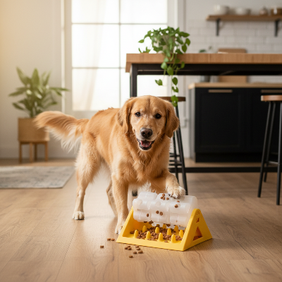 Distributeur de croquettes pour chien - interactif-Golden retriever jaune sur plancher -cuisine