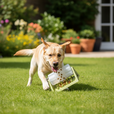 Distributeur de croquettes pour chien - interactif-Labrador vert dans jardin ensoleillé