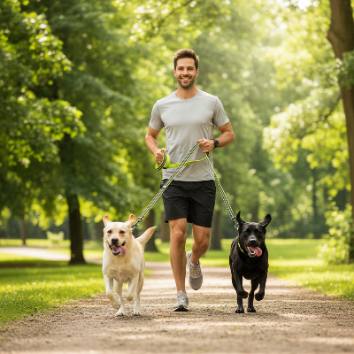 Double laisse pour chien -  multi usages-laisse jaune - homme qui jogge avec son Labrador