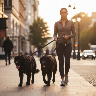 Double laisse pour chien -  multi usages-laisse noire - femme avec deux chiens en ville