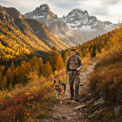 Double laisse pour chien -  multi usages-laisse noire - homme en randonnée avec Berger Allemand