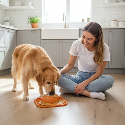 Gamelle anti glouton chien  - 2 en 1 tapis et gamelle-Femme golden retriever tapis orange