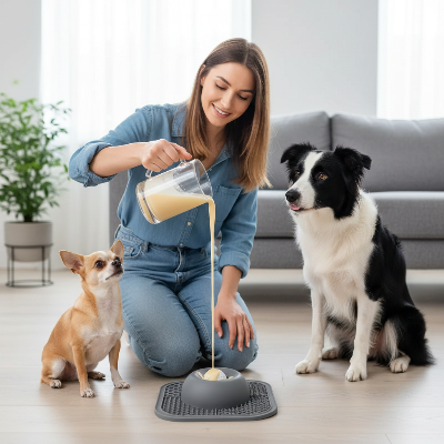 Gamelle anti glouton chien  - 2 en 1 tapis et gamelle-Femme versant gâterie deux chiens