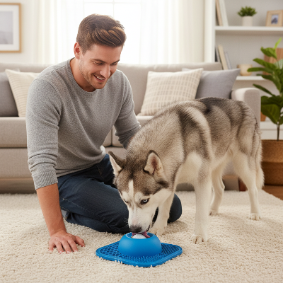 Gamelle anti glouton chien  - 2 en 1 tapis et gamelle-Homme husky tapis bleu
