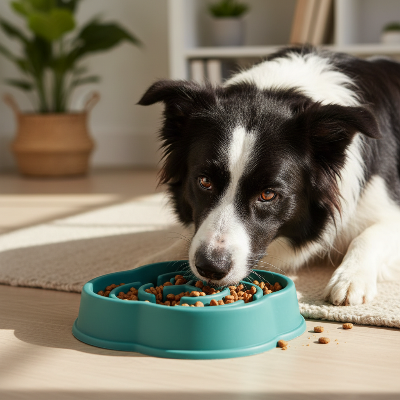 Gamelle anti glouton chien - alimentation lente-Border collie cherche les croquettes dans la gamelle verte