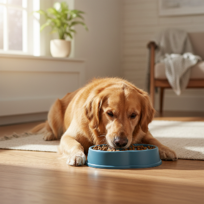 Gamelle anti glouton chien - alimentation lente-Golden retriever mange lentement dans la gamelle bleue