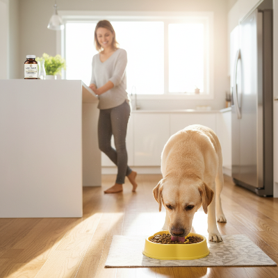 Gamelle anti glouton chien - alimentation lente-Labrador et gamelle jaune, propriétaire souriant
