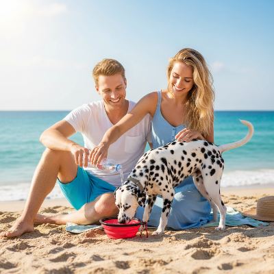Gamelle chien - bol pliant-Couple plage Dalmatien