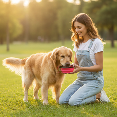 Gamelle chien - bol pliant-Femme Golden Retriever gamelle rose
