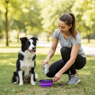 Gamelle chien - bol pliant-Femme jogging Border Collie