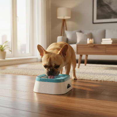 Gamelle chien - flottante-Bouledogue français et gamelle bleue au salon