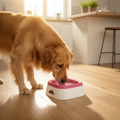Gamelle chien - flottante-Golden retriever boit dans la gamelle rose, sol sec