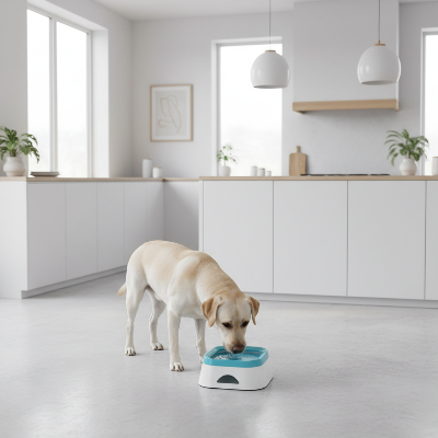 Gamelle chien - flottante-Labrador et gamelle bleue dans cuisine scandinave