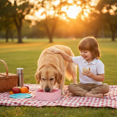 Gamelle chien - pliable sacoche-Enfant golden retriever pique-nique