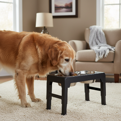 Gamelle chien surélevée - support réglable avec double bol en acier inoxydable-Golden retriever âgé mange confortablement