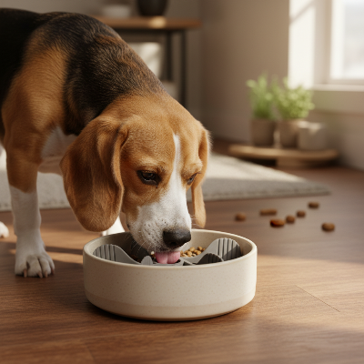 Gamelle pour chien - anti glouton-Beagle mange lentement dans l'insert gris