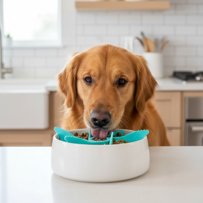 Gamelle pour chien - anti glouton-Golden retriever et insert bleu pâle dans cuisine