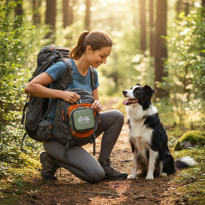 Gamelle pour chien - portable aventure-Femme clippe la gamelle verte sur son sac en forêt