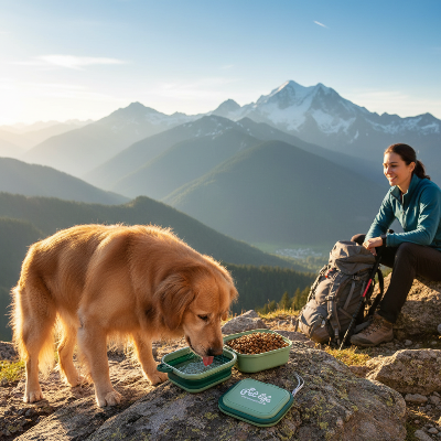 Gamelle pour chien - portable aventure-Golden retriever mange en pause montagne