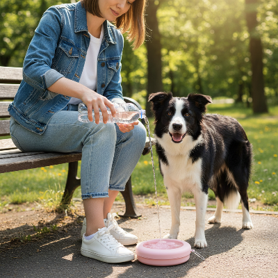 Gamelle pour chien - voyage portable-Femme verse de l'eau pour son border -collie au parc