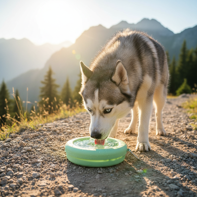 Gamelle pour chien - voyage portable-Husky boit dans la gamelle verte en -montagne