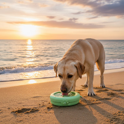 Gamelle pour chien - voyage portable-Labrador boit à la plage au coucher de -soleil