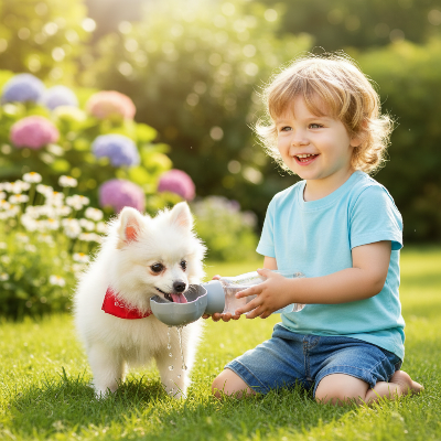 Gourde pour chien 2-en-1 - Portable avec gamelle intégrée-Enfant et chien jardin