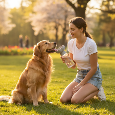 Gourde pour chien 2-en-1 - Portable avec gamelle intégrée-Femme et chien parc