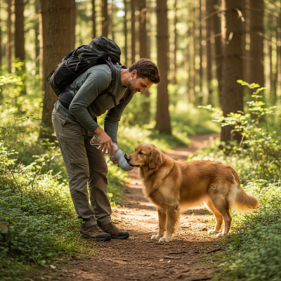 Gourde pour chien 2-en-1 - Portable avec gamelle intégrée-Homme et chien randonnée