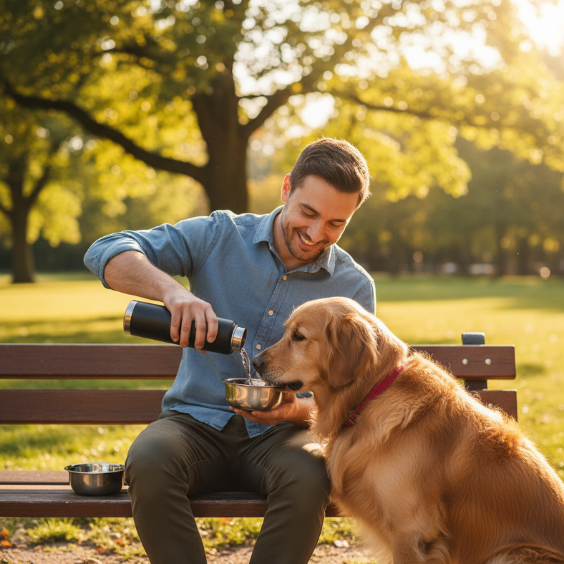 Gourde pour chien 3-en-1 avec 2 bols - Portable en acier inoxydable-Gourde chien - parc
