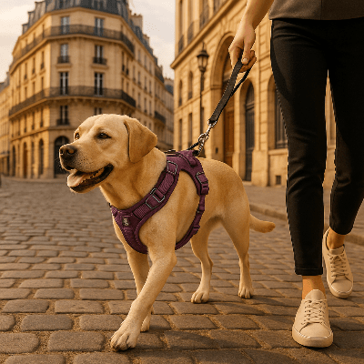 Harnais chien  - sans traction en nylon réfléchissant-mauve-et-bleu._chien_portant_le_harnais_en_se_promenant_dans_la_rue_a_Paris_avec_son_maitre.