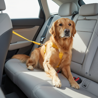 Harnais pour chien voiture - sécurité auto voyage-Chien moyen attaché en sécurité avec ceinture jaune