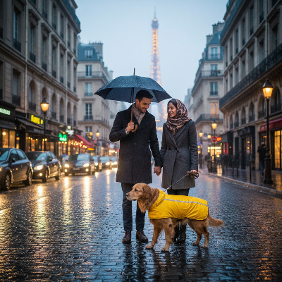 Impérméable pour chien - poncho de pluie à capuche-Couple promenade soirée pluvieuse