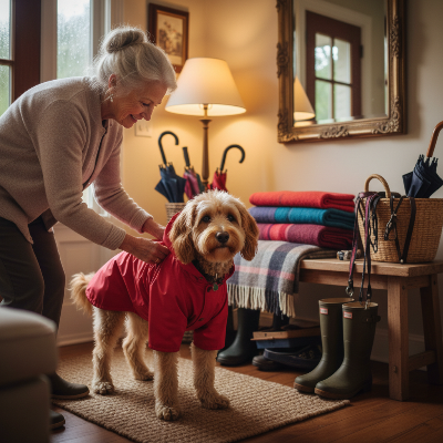 Impérméable pour chien - poncho de pluie à capuche-Dame âgée qui habille son chien