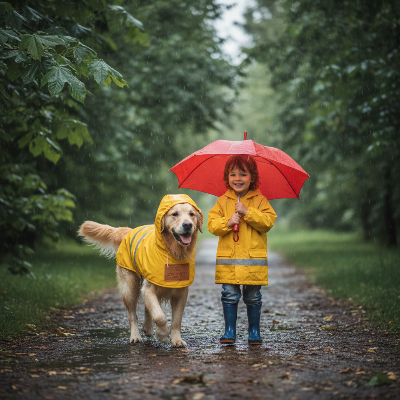Impérméable pour chien - poncho de pluie à capuche enfant-avec-chien-promenade-a-la -pluie