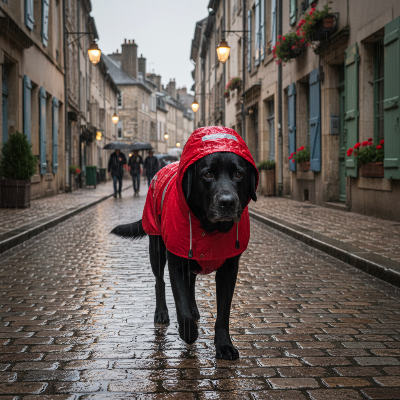 Impérméable pour chien - poncho de pluie à capuche-Rouge - labrador noir